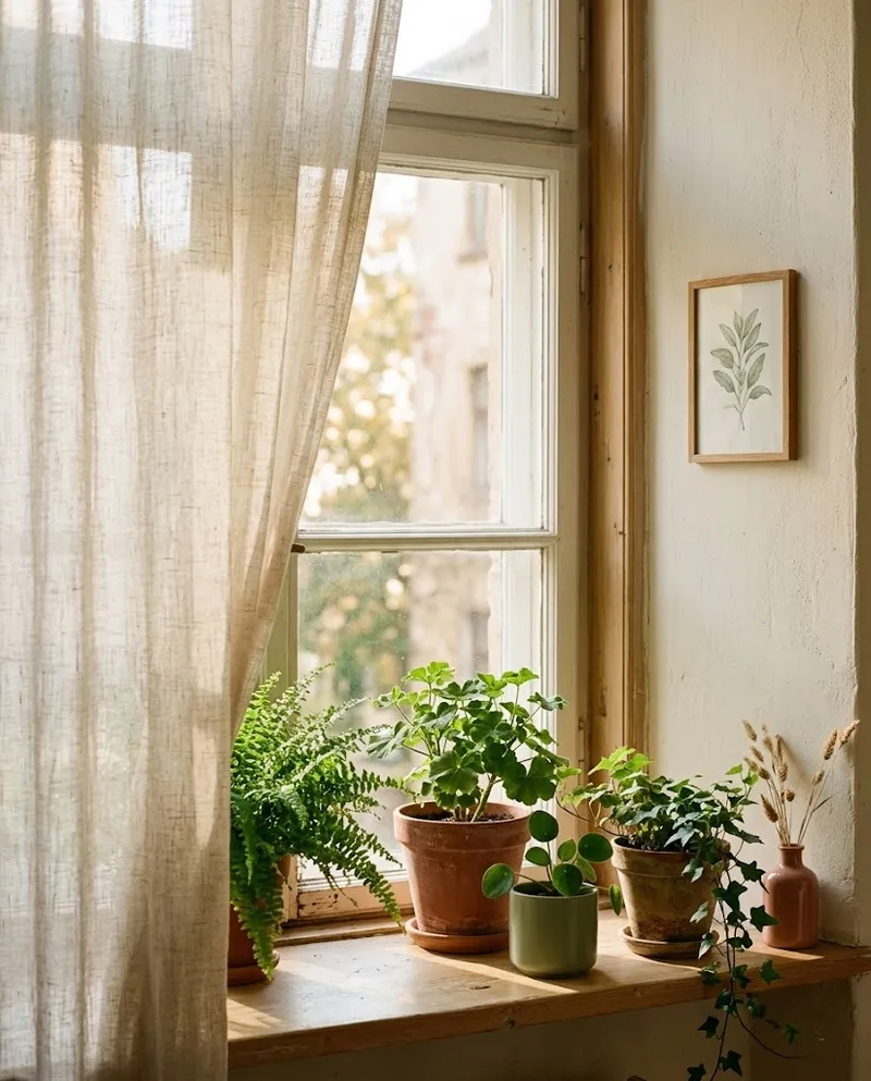Plantas verdes junto a uma janela com cortinados leves