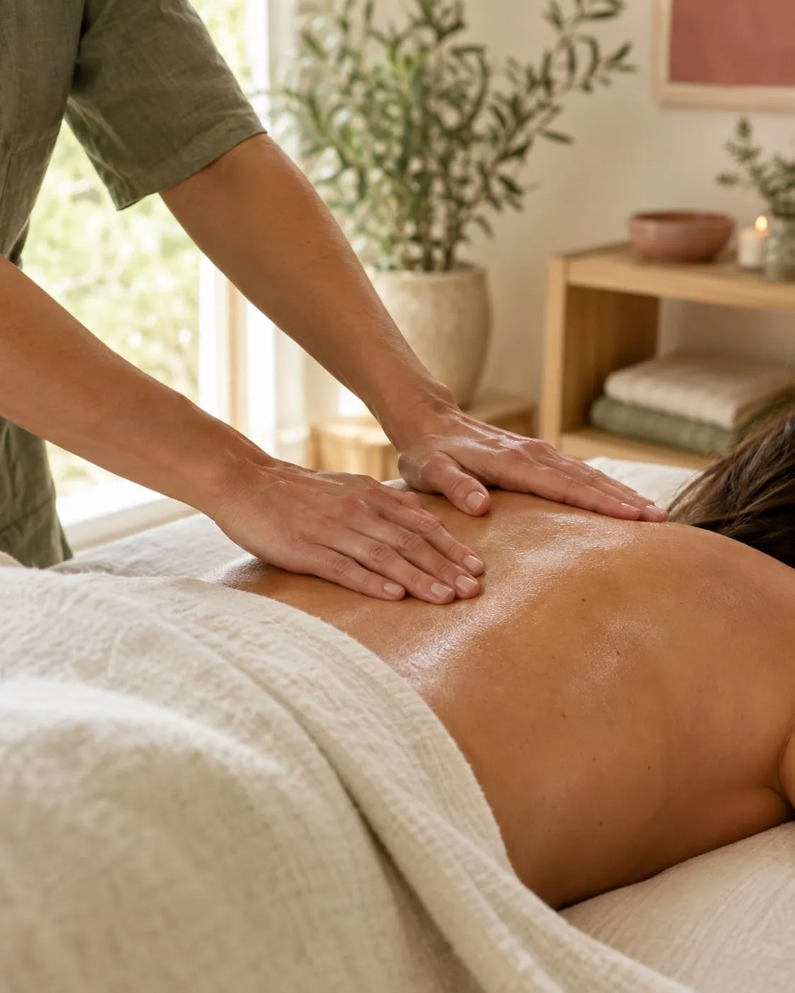 Mãos a fazer uma massagem nas costas numa sala de tratamento acolhedora e de luz suave